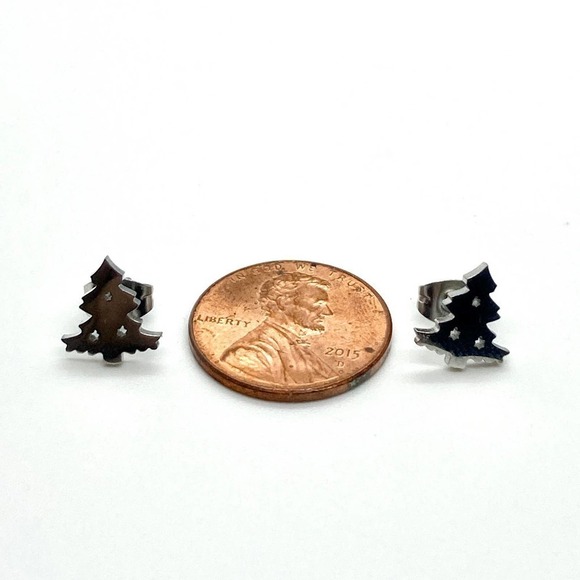 SILVER Tone Christmas Tree Earring Pair - Picture 7 of 8